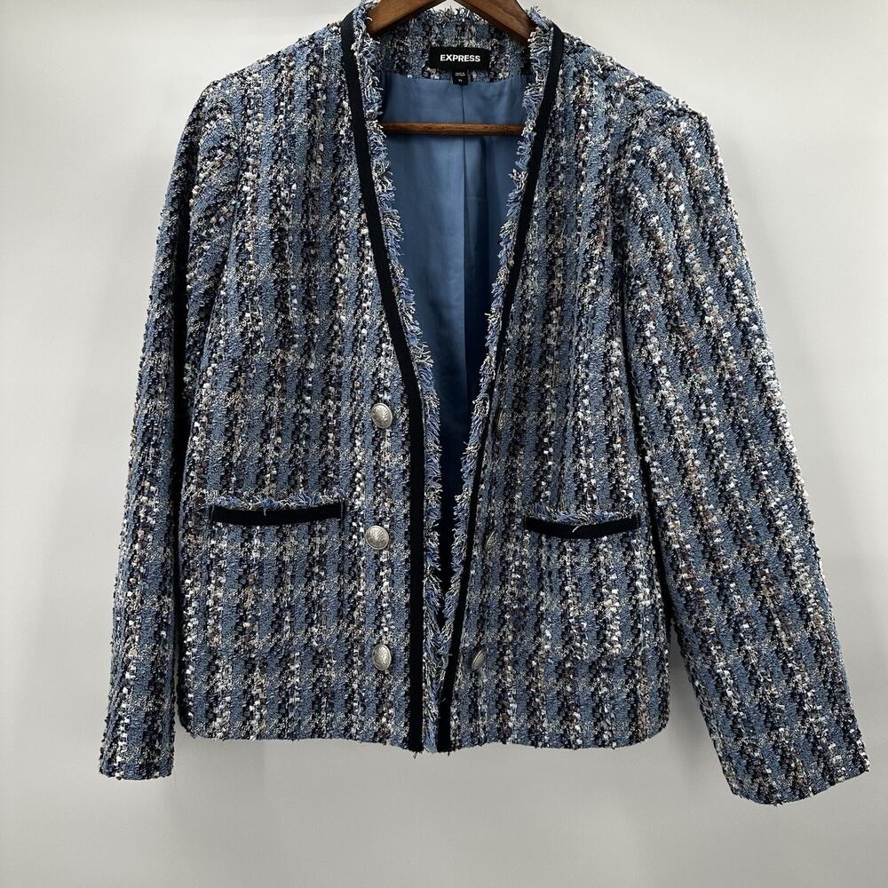 Express Womens Blazer Jacket‎ Womens XL Blue Plaid Boucle Eyelash Tweed Open